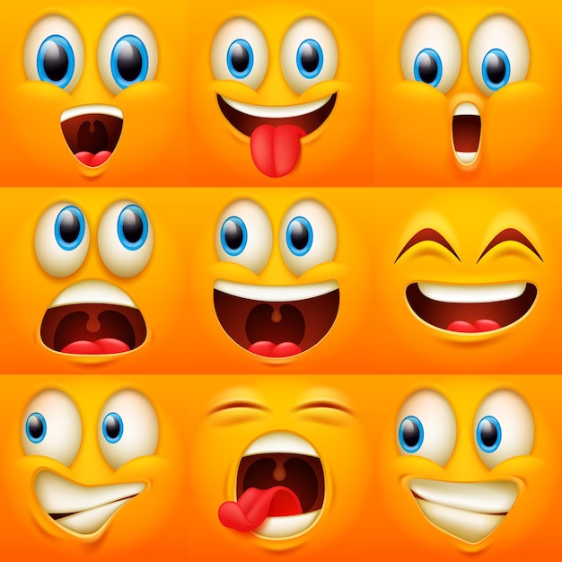 Facce emoji. espressioni facciali divertenti, emozioni caricaturali. simpatico personaggio con diversi occhi espressivi e bocca, raccolta di emoticon