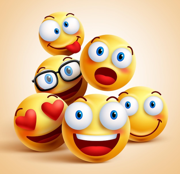 Emoji faces group of vector emoticon characters with funny facial expressions