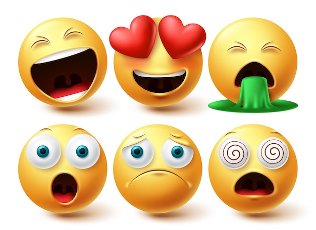 Emoji сталкивается с векторным набором коллекция желтых икон emojis с влюбленными счастливыми и грустными