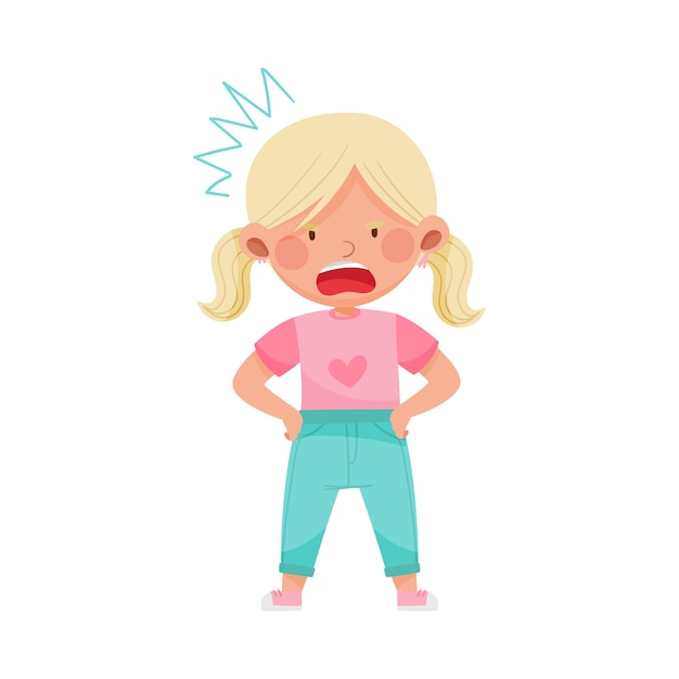 Vector emoji girl with ponytails standing feeling anger vector illustration