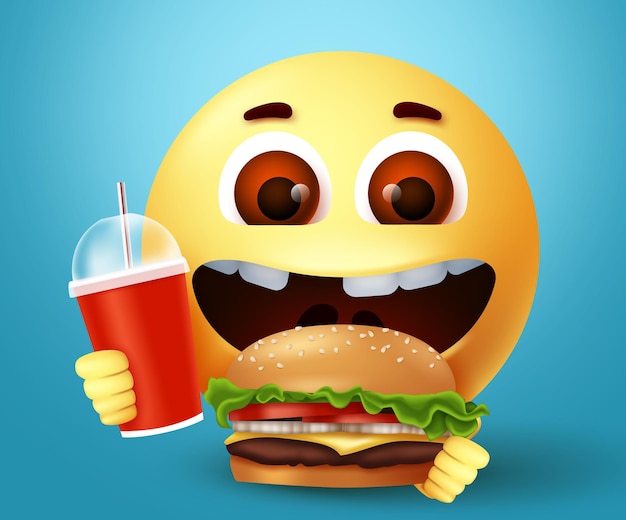 Emoji felice di mangiare fast food hamburger carattere disegno vettoriale emoticon con felice ed eccitato