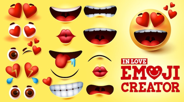 Emoji in love vector creator set emojis kit с сердечками и влюбленным лицом с редактируемым лицом