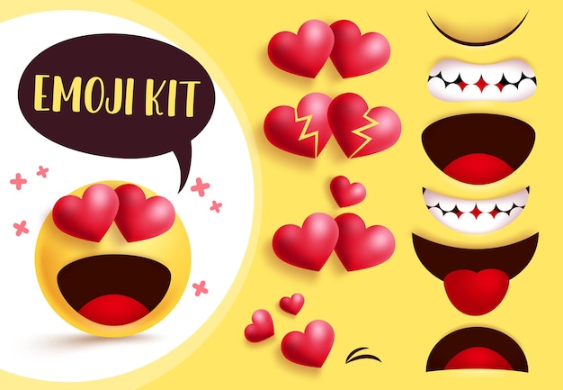 Vector emoji love heart create kit emoji yellow face with editable love heart eyes and mouth with in love