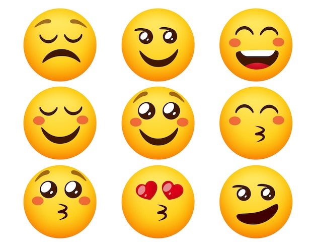 Emoji in love vector set Emoticons characters in blushing smiling and kissing face expression