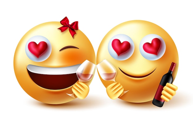 Emoji amanti san valentino concept design vettoriale. emoji 3d inlove personaggi emoticon con vino.