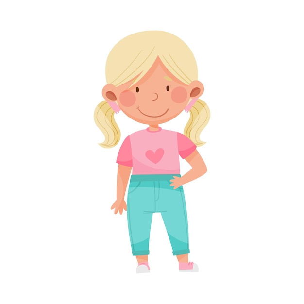 Emoji Meisje met paardenstaart staand glimlachend gevoel van geluk Vector illustratie