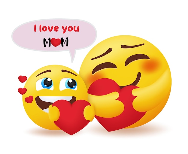 Emoji mothers day vector concept design I love you mom text with emoticon mother and child