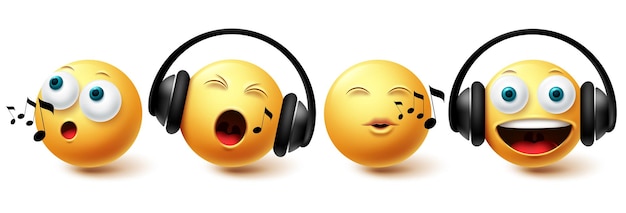 Emoji muziek emoji vector set emoticon met koptelefoon zingen en luisteren icoon collectie