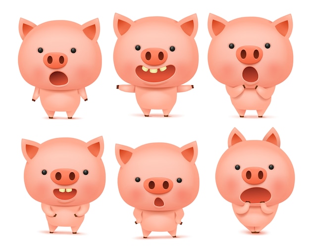 Emoji pig character icon set with different emotions