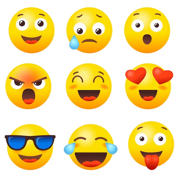 Vettore set di reazioni emoji emoticon icona emoticon emoji media social chat messaggio umore sorriso emozione viso sorrisi reazioni espressione come cuore piangere amore felice emote vettore pulito