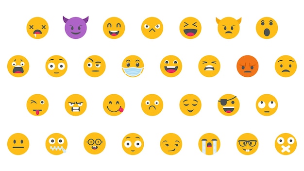 Emoji facce rotonde con set di raccolta di diverse espressioni facciali