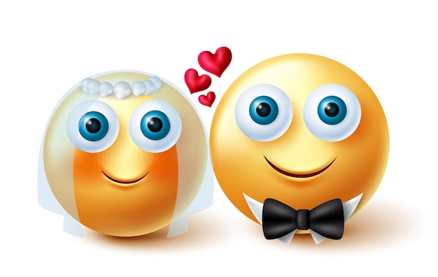 Vector emoji's bruidspaar vector ontwerp 3d emoji bruid en bruidegom liefhebbers concept in inlove gele gezichten