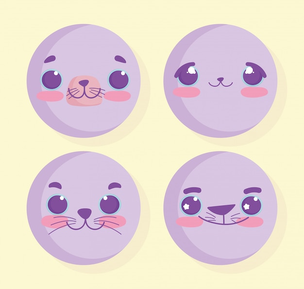 Vector emoji's kawaii cartoon dierlijke gezichten set