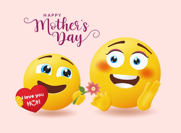 Emoji's moederdag groet vector design happy mothers day tekst met emoticon kind bloem geven