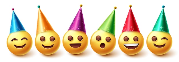 Vector emoji's verjaardag tekens vector set. emoji in feestmutsen verjaardag en evenementviering.