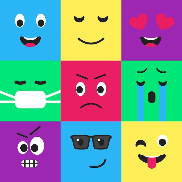 Emoji seamless pattern flat style design set Funny facial emoticon template from internet