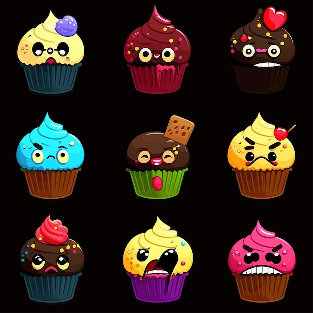 Emoji set met schattige cake karakter geïsoleerd op achtergrond vectorillustratie