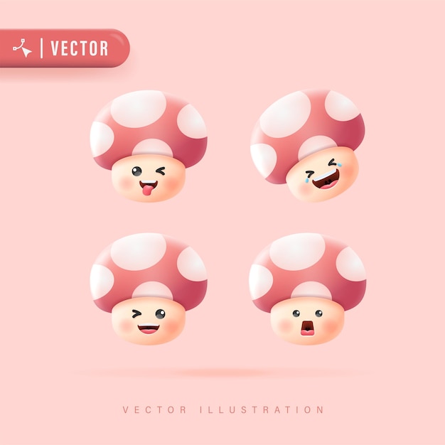 Set emoji con varie espressioni facciali illustrazione vettoriale del viso a fungo carino icona del viso a fungo