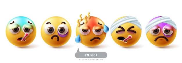 Vector emoji sick emoticon characters vector set emoticons emojis character with illness flu fever cold