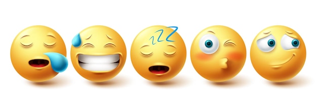 Emoji sleepy face vector set Emoticon yellow emoji with happy blushing snoring and sleeping