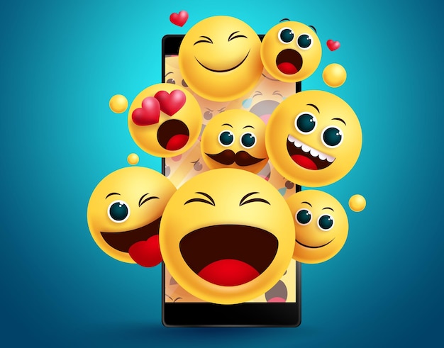 Смайлики Emoji в векторной концепции мобильного телефона Smiley emojis желтые смайлики лица в социальных сетях