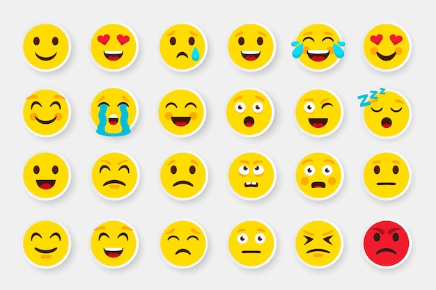 Лицо стикера emoji. смайлик мультфильм смайлики символы. установленные значки объектов цифрового чата вектора. как выразить чувство