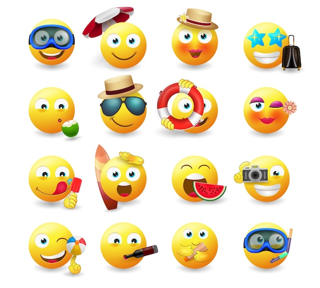 Vettore set di vettori di emoticon estive emoji emoticon in icona gialla con spiaggia e viaggi di carattere estivo