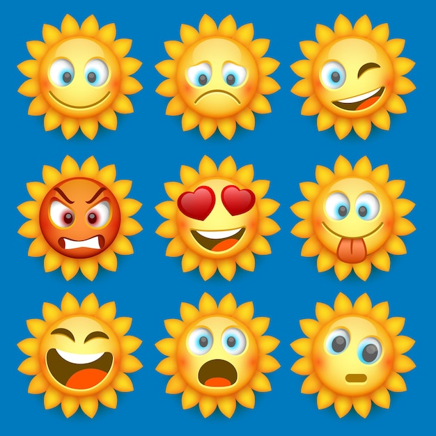 Emoji sun and sad icon set.