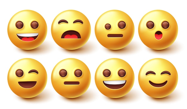 Emoji-tekens vector set Emoticon 3d grafisch ontwerp in blije en overstuur gezichtsuitdrukking