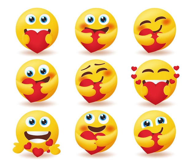 Emoji valentines emoticon vector set Смайлики в любовных персонажах в позе заботы и любви изолированы