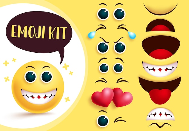 Emoji 벡터 생성 키트 Emoji 및 emoji 노란색 얼굴에는 편집 가능한 눈과 입이 있고 행복합니다.