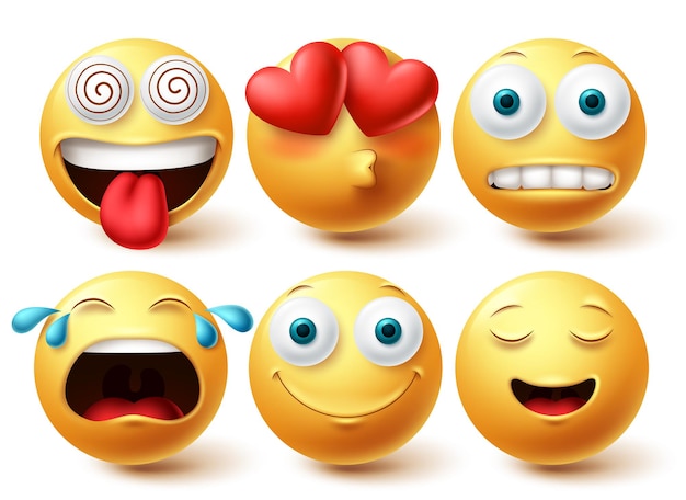 Set vettoriale emoji emoticon felice nell'amore e nelle facce piangenti raccolta di icone isolata