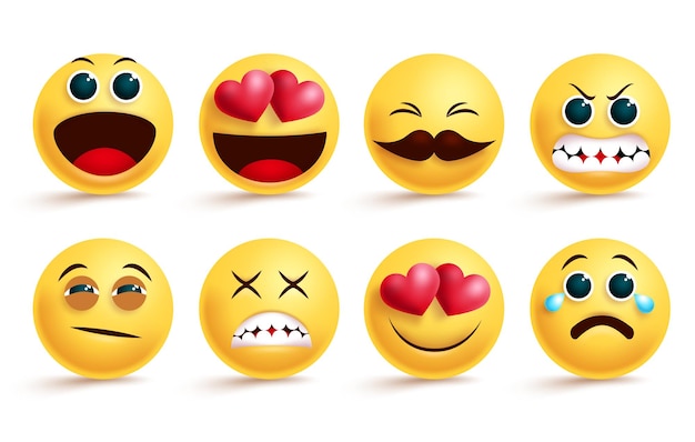 Set vettore emoji emoji ed emoticon faccia gialla con diverse espressioni facciali come assonnato