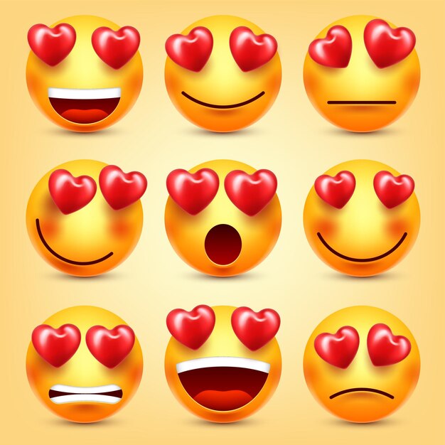 Vettore emoji con set vettoriale di cuore rosso giorno di san valentino emoticon cartone animato giallo faccia espressione di sentimento d'amore