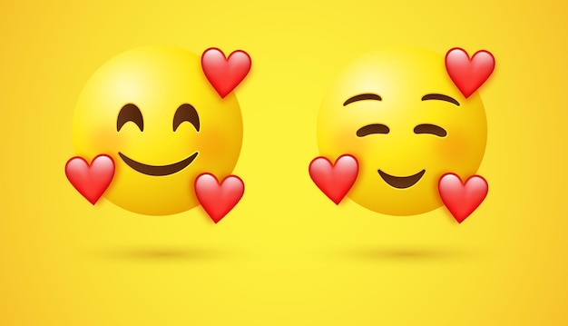 Emoji с тремя сердцами или 3d улыбающееся любящее лицо смайлика с улыбающимися глазами