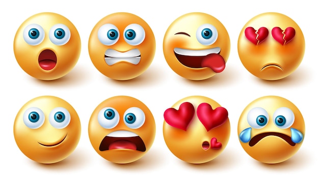 Emojis character vector set Emoji in yellow face with funny and in love faces collection