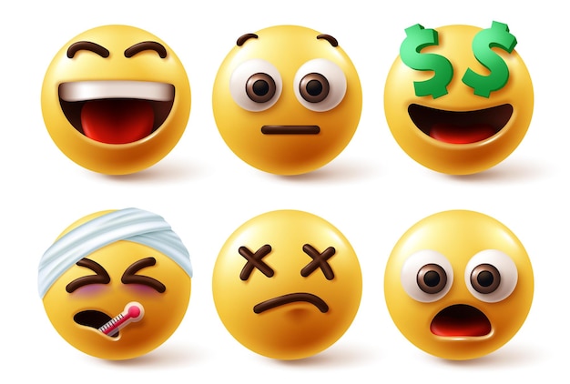 Emojis characters vector set Emoji emoticons character in happy funny injured shock and sick
