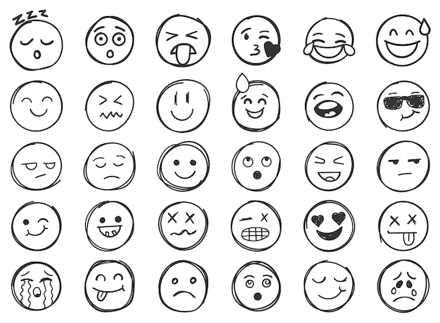 Emojis facce icona in stile disegnato a mano doddle emoticons illustrazione vettoriale su sfondo isolato happy and sad face sign business concept