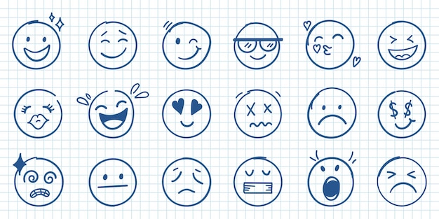 Emojis faces icon in hand drawn style doddle emoticons vector illustration on isolated background happy and sad face sign business concept