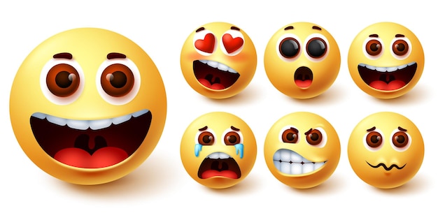 Emojis vector set Emoji cute yellow face with happy crying angry surprise and in love