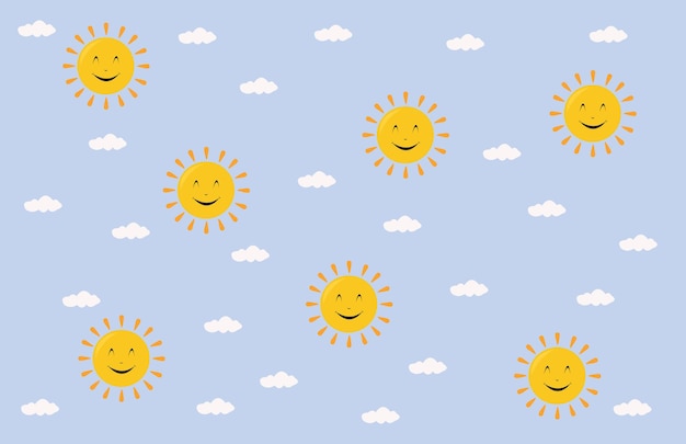 Emoticon blij op zon en witte wolkenvector voor achtergrond, behang of achtergrond. Kinderen thema