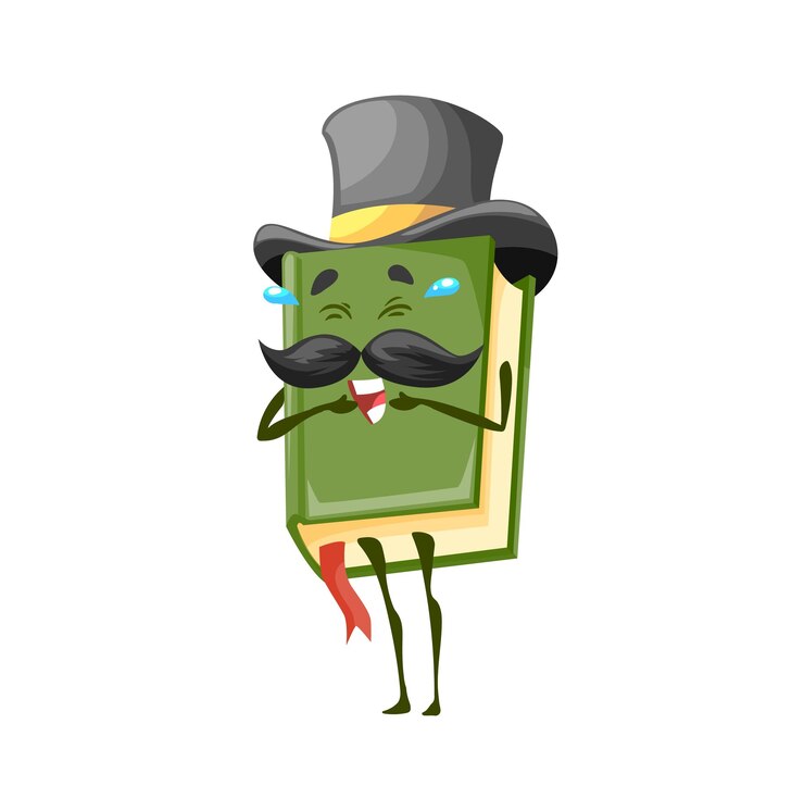 Vector emoticon book cartoon character with mustaches hat