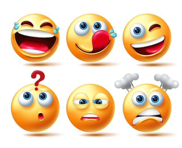 Emoticon character vector set Emoticons 3d characters in laughing thinking and yummy expressions