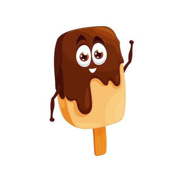 Emoticon chocolate popsicle on stick yummy vanilla ice cream glazed in choco isolated funny cartoon character. Vector kawaii summer dessert, fastfood snack. Sorbet in cocoa topping, cute face