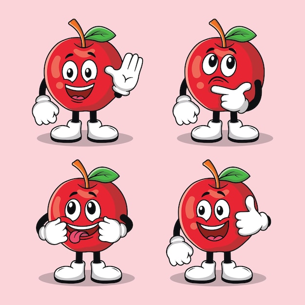 Emoticon of cute apple cartoon mascot set