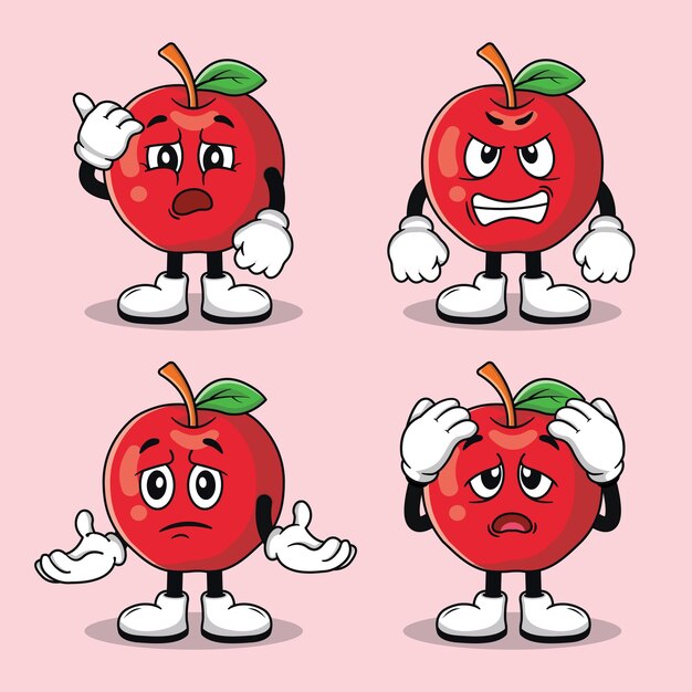 Emoticon of cute apple cartoon mascot set