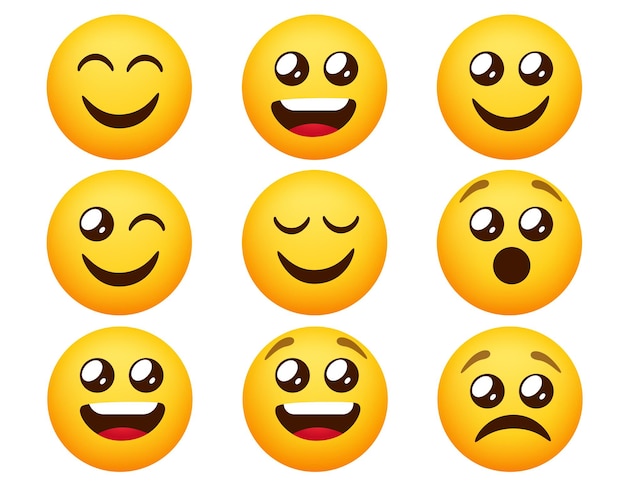 Emoticon emoji vector set emoticons karakters in blije en droevige stemmingsuitdrukkingen geïsoleerd in wit