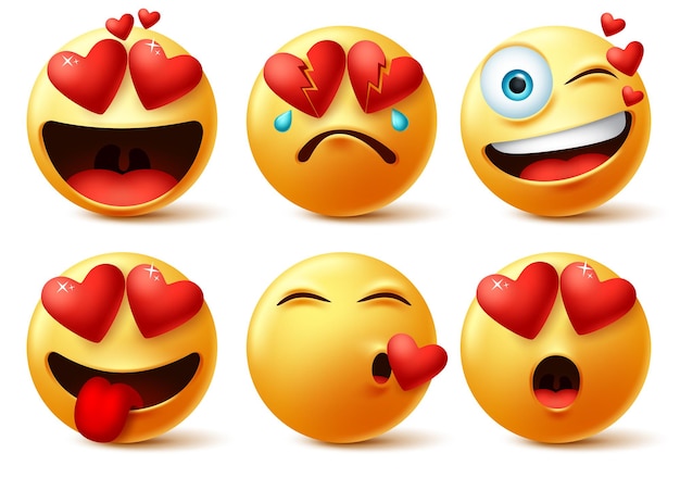 Vettore emoticon ed emoji con facce vettoriali del cuore impostate. emoticon di cuore rosso innamorato, rotto