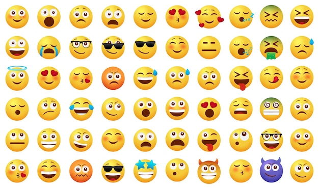 Vettore set vettoriale emoji emoticon personaggi emoji con espressioni facciali felici, divertenti, tristi e innamorate