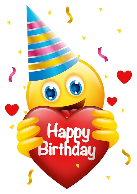 Vector emoticon face wears birthday hat holding the heart shape with happy birthday message